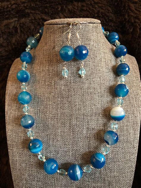 Blue Agate Bead Necklace Matching Earrings Beaded Necklace Agate