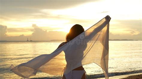 Smiling Attractive Young Asian Woman Bikini With Shawl On A Seaside