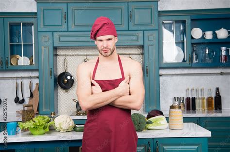 Man Attractive Nude Chef Wear Apron And Hat Sexy Muscular Chef In Front Of Kitchen Attractive