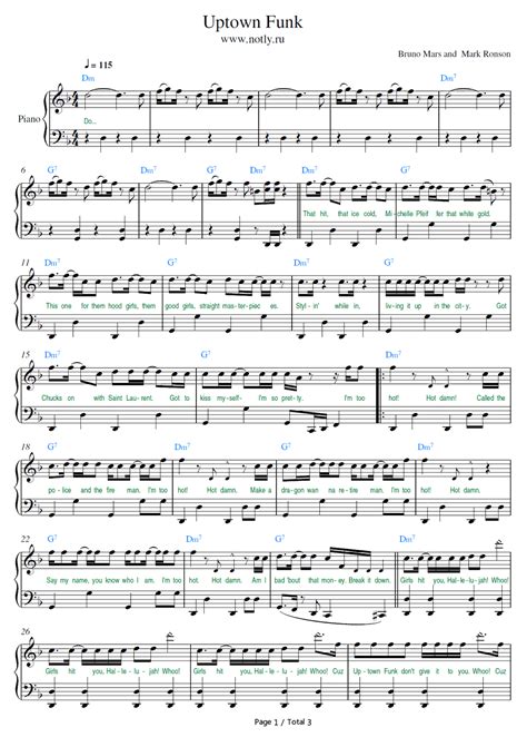Free Uptown Funk Mark Ronson And Bruno Mars Piano Sheet Music Preview 1