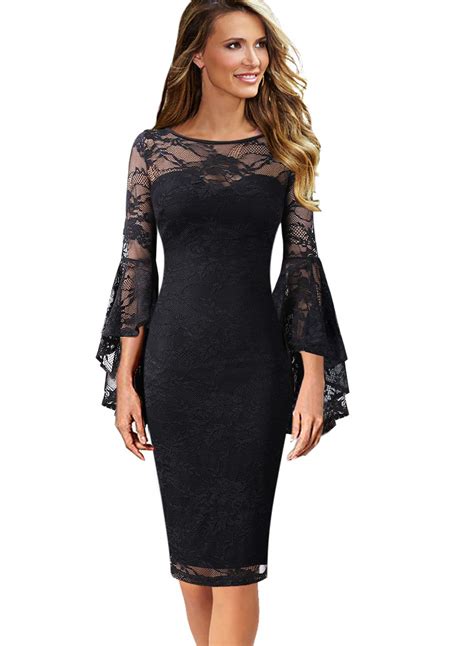 Vfshow Womens Floral Lace Ruffle Bell Sleeves Cocktail Party Sheath Dress 1059 Blk Xl