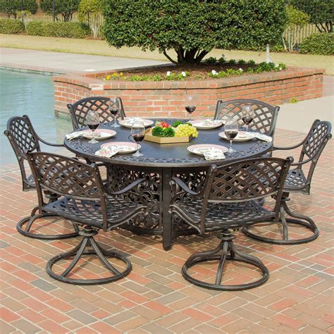 Heritage Piece Cast Aluminum Patio Fire Pit Dining Set With Swivel Rockers By Lakeview Outdoor