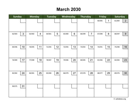 March 2030 Calendar With Day Numbers