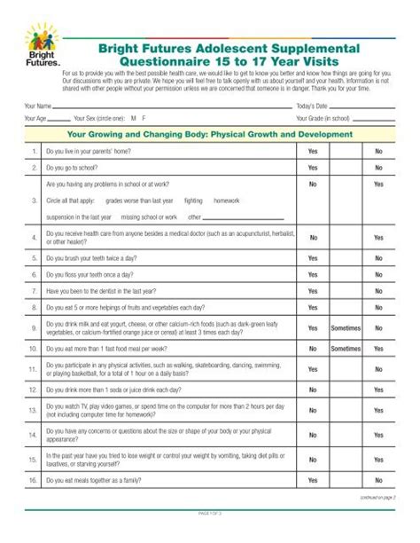 Bright Futures Adolescent Supplemental Questionnaire 15 To 17