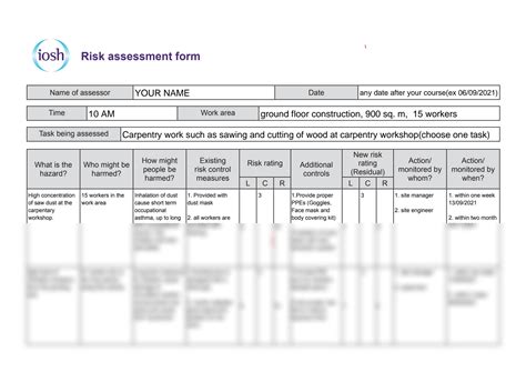 Risk Assessment Form Iosh Edit Print Download Fillabl