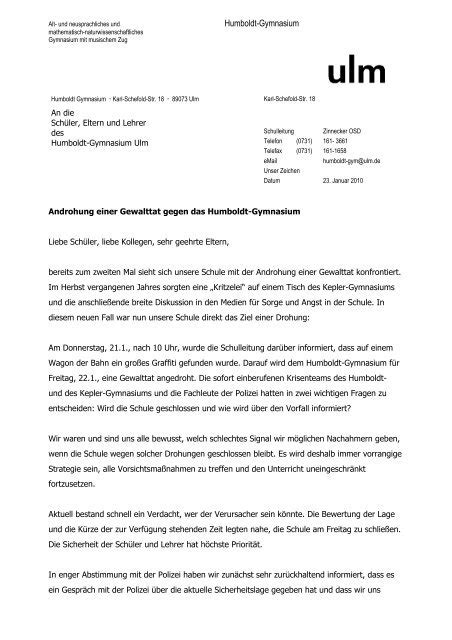 Brief Des Schulleiters Humboldt Gymnasium Ulm