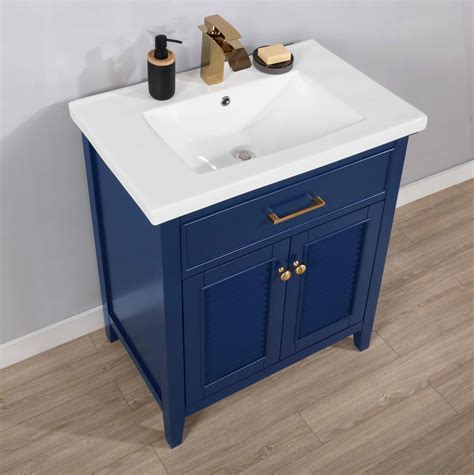 Transitional Single Sink Bathroom Vanity With Porcelain Integrated Counterop In Blue Finish