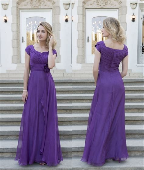 Purple Chiffon Long Modest Bridesmaid Dresses 2017 With Cap Sleeves