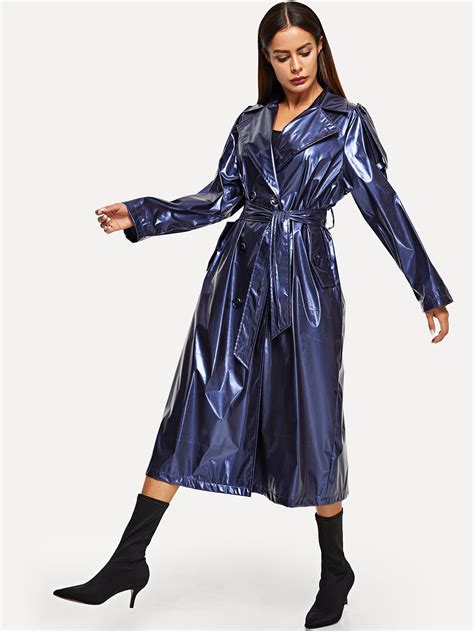 Shein Self Belted Longline Metallic Rain Coat Raincoats For Women