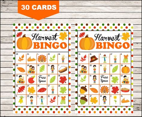 Harvest Fall Autumn Bingo Game Printable 30 Different Etsy