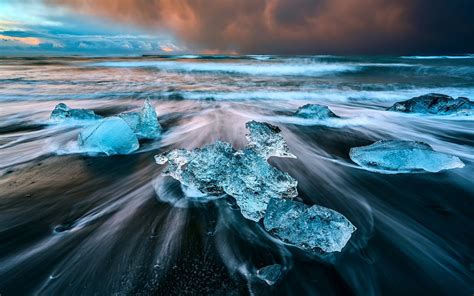 Nature Ice Water Sea Waves Long Exposure Iceland Beach Cyan
