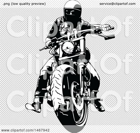 Clipart Of A Black And White Biker On A Motorcycle Royalty Free