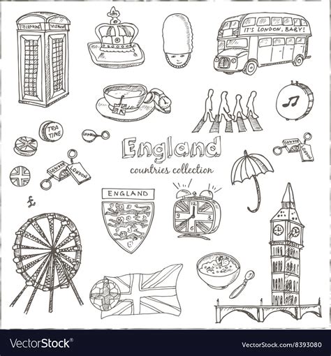 Hand Drawn Doodle England Symbols Set Royalty Free Vector