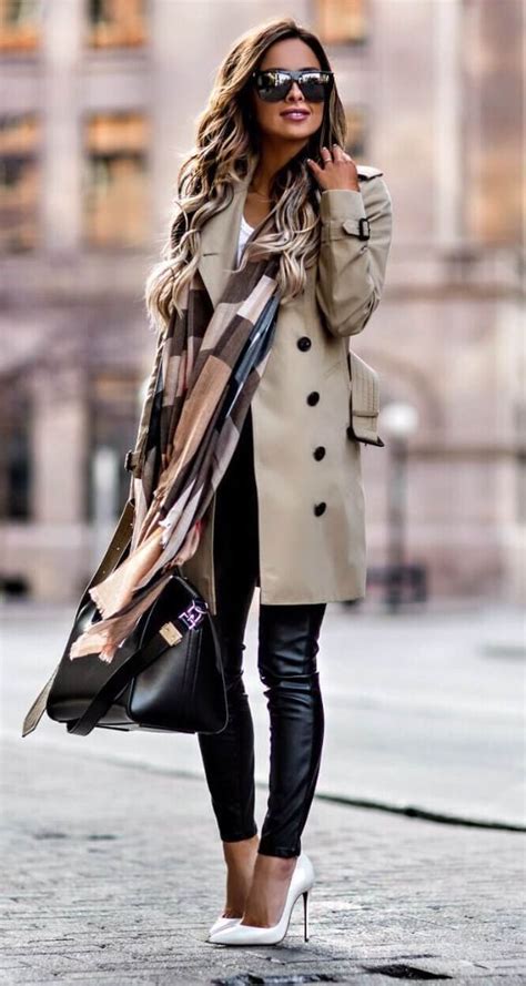 Beige Trench Coat With Black Jeans And Print Scarf Fall Fashion Coats Fashion Womens