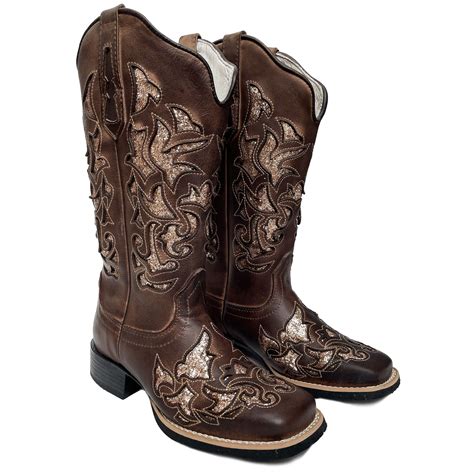 Em Couro Bota Texana Feminina Total Laser Brown Sola Preta Bico Quadra Bruto Botas