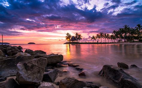 Nature Landscape Sunset Tropical Beach Clouds Sky Sea Palm Trees Rocks Malaysia