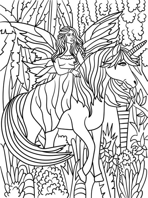 Fairy Riding Unicorn Coloring Page For Adults 6458095 Vector Art At