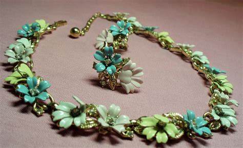 Vintage Trifari Fleurette Pastel Enamel Flowers Necklace Earrings Set