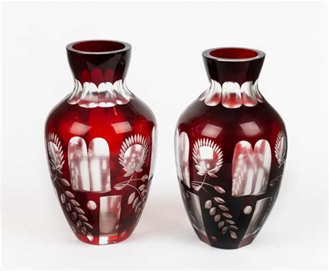 Bohemian Ruby Overlay Glass Vases Pair European Glass