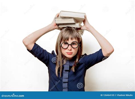 Portrait Of A Nerd Girl In Glasses With Books Stock Image Image Of