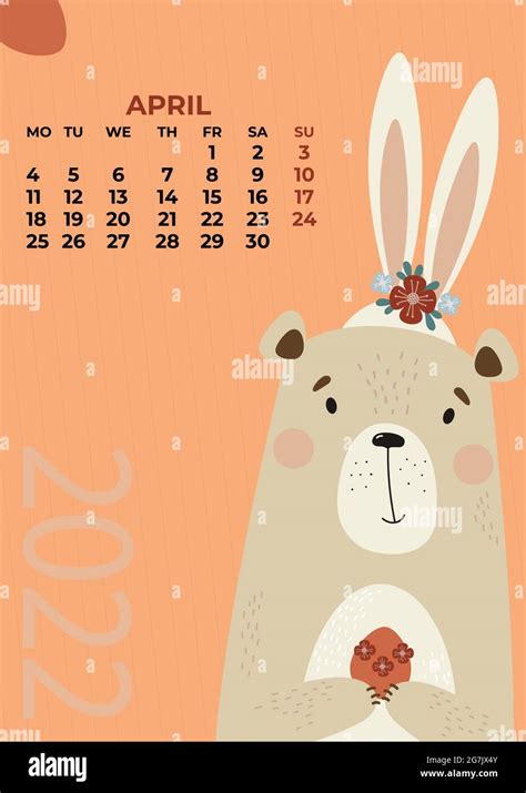 Bear Calendar For April 2022 Cute Teddy Bear With Bunny Ears With
