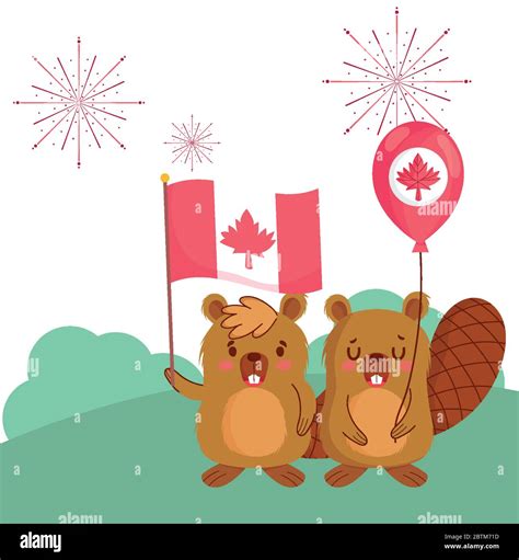 Beavers With Canadian Flag And Balloon Design Happy Canada Day Holiday