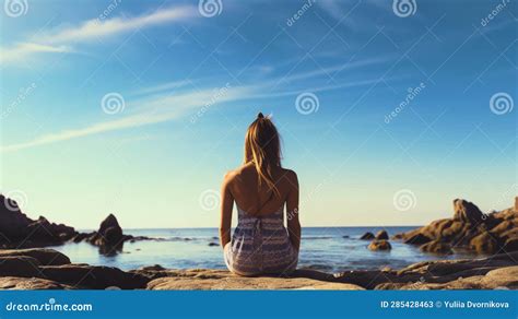 Woman Meditating On The Sea Beach In Lotus Position Generative Ai