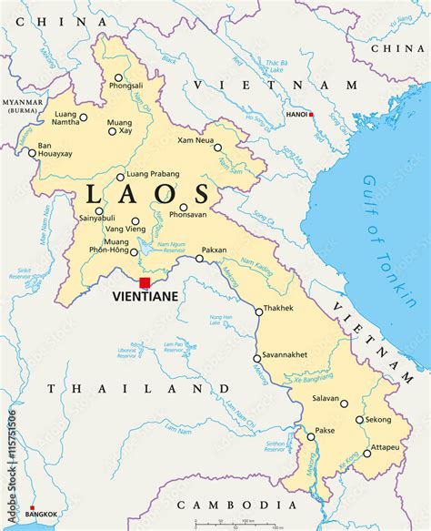 Laos Political Map With Capital Vientiane National Borders Important