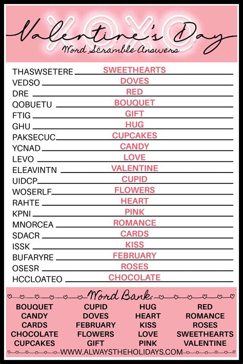 Valentines Day Word Scramble With Answers Valentines Printable