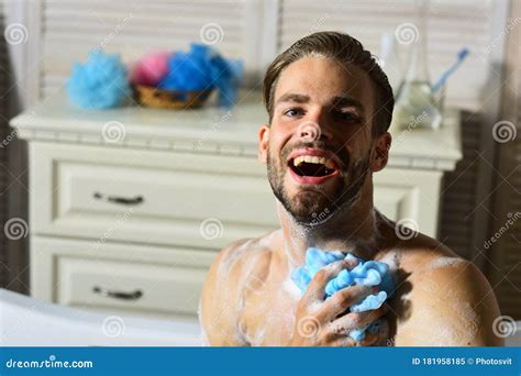 Man With Beard In Bathtub Laughing Wide Stock Image Image Of Naked Focus