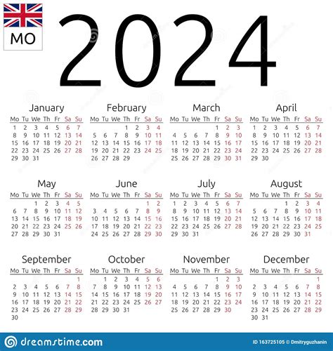 Agenda 2024 Engels Maandag Vector Illustratie Illustration Of Zwart
