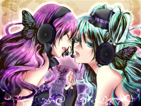 2girls aqua eyes aqua hair butterfly hatsune miku headphones long hair magnet vocaloid
