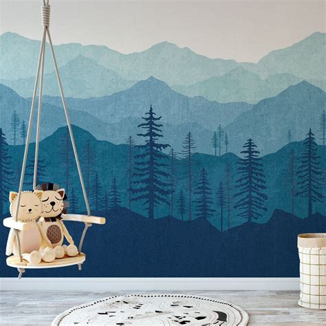Blue Ombré Mountain Mural Removable Wallpaper By