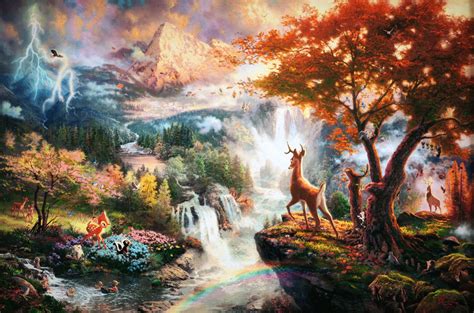 Thomas Kinkade's Disney Paintings - Bambi - Walt Disney ... The only person i know, for a fact, that has seen these the pinocchio painting was set in gepetto's workshop, and had various characters hidden, like the whale, in the wood knots of the building.