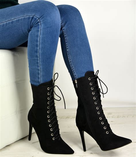 New Womens Ladies High Top Lace Up Ankle Boots Stiletto High Heels Zip