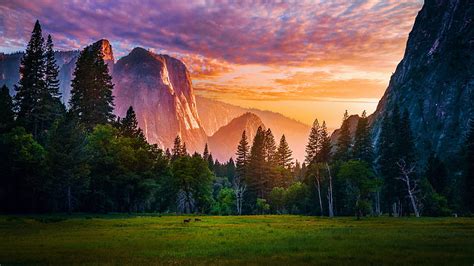 4k Free Download Sunset Red Light Yosemite National Park Mountains