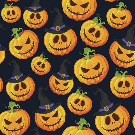 Halloween Pumpkin Seamless Pattern On Black Background With Witch Hat