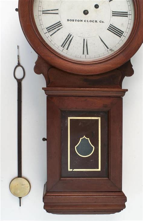 Lot Rare Boston Clock Company Wall Clock Walnut Case Metal Dial With Roman Numerals Reverse
