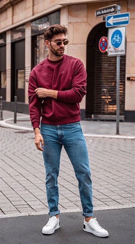 Light Blue Jeans Fashion Ideas With Red Sweatshirt Men Outfit Casual Wear Formal Wear