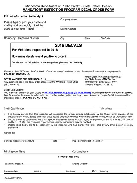 Mn Mandatory Inspection Program Decal Order Form 2016 2021 Fill And
