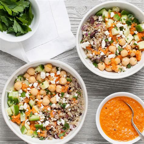 Nutritional info for easy diabetes meal planning. Mediterranean Chickpea Quinoa Bowl Recipe - EatingWell