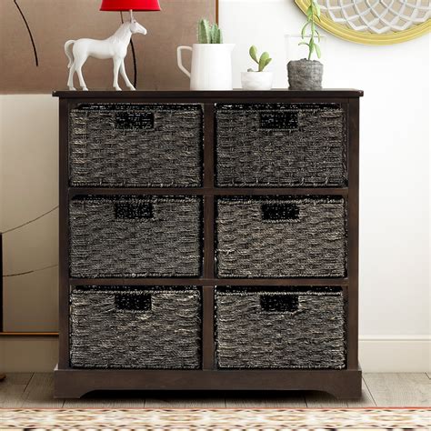 Kepooman Modern Wooden Storage Cabinet With 6 Rattan Baskets For