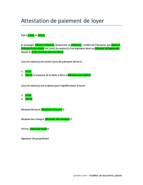 Attestation De Paiement De Loyer DOC PDF Page 1 Sur 1