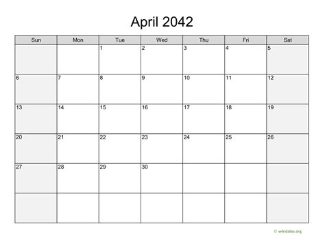 April 2042 Calendar With Weekend Shaded