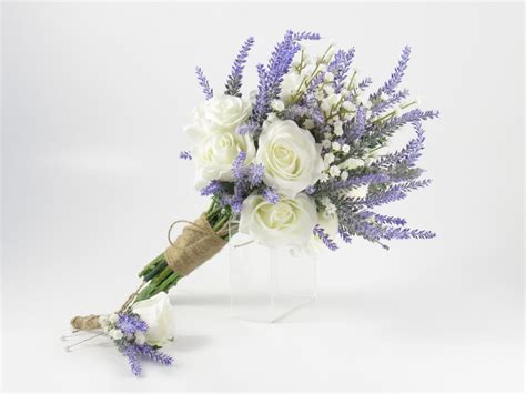 Lavender Babys Breath And Ivory Rose Bridal Bouquet Etsy Small