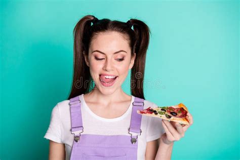 Photo Portrait Of Hungry Girl With Tails Licking Lips Looking At Delicious Pizza Want To Eat