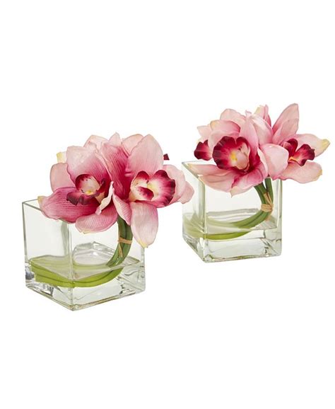 Nearly Natural Cymbidium Orchid Artificial Arrangement In Glass Vase Set Of 2 And Reviews