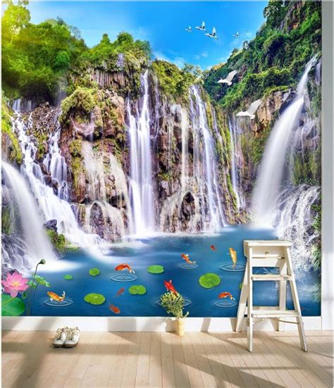 Custom Photo Mural 3d Wallpaper Mountain Waterfalls Carp