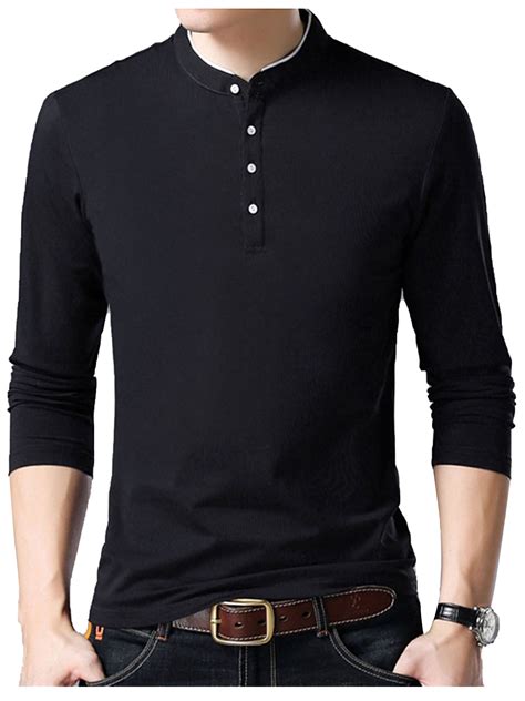 Mens Slim Fit Long Sleeve Casual T Shirts Polo Stand Collar Button