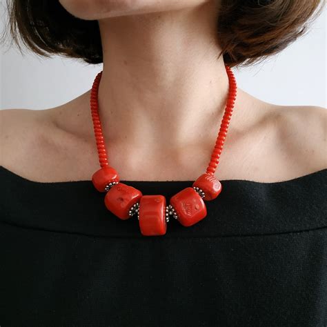 Chunky Coral Necklace Minimalist Coral Jewelry Antique Style Etsy